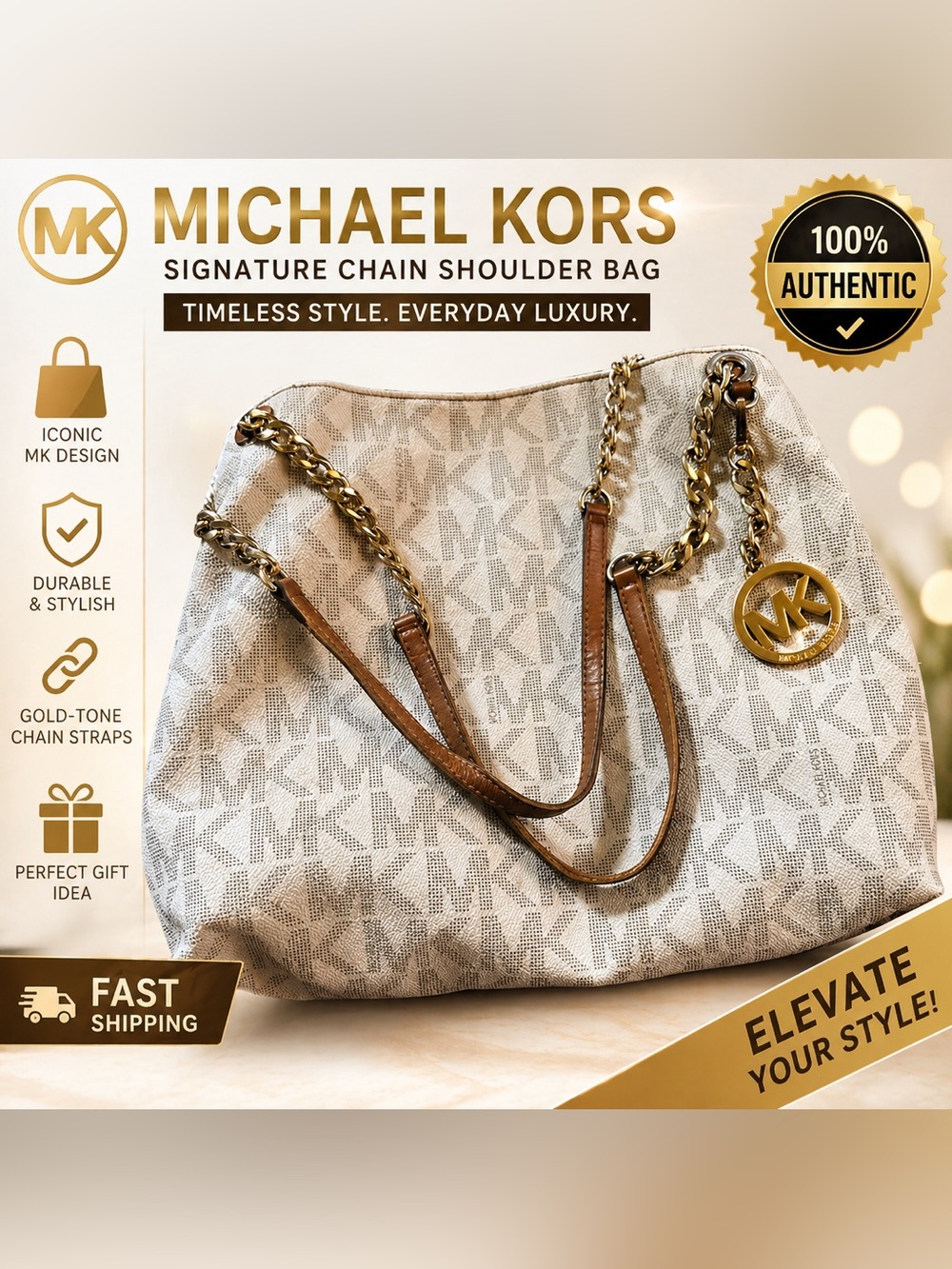 Michael Kors Cream Logo Shoulder Bag with Tan Leather and Gold Chain